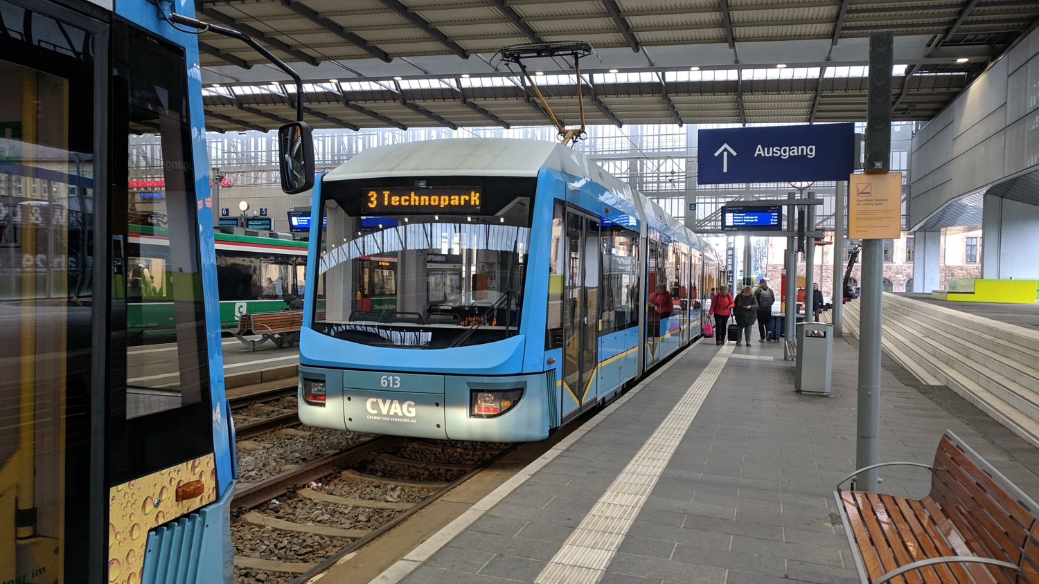 Tram inside Chemnitz Hauptbahnhof