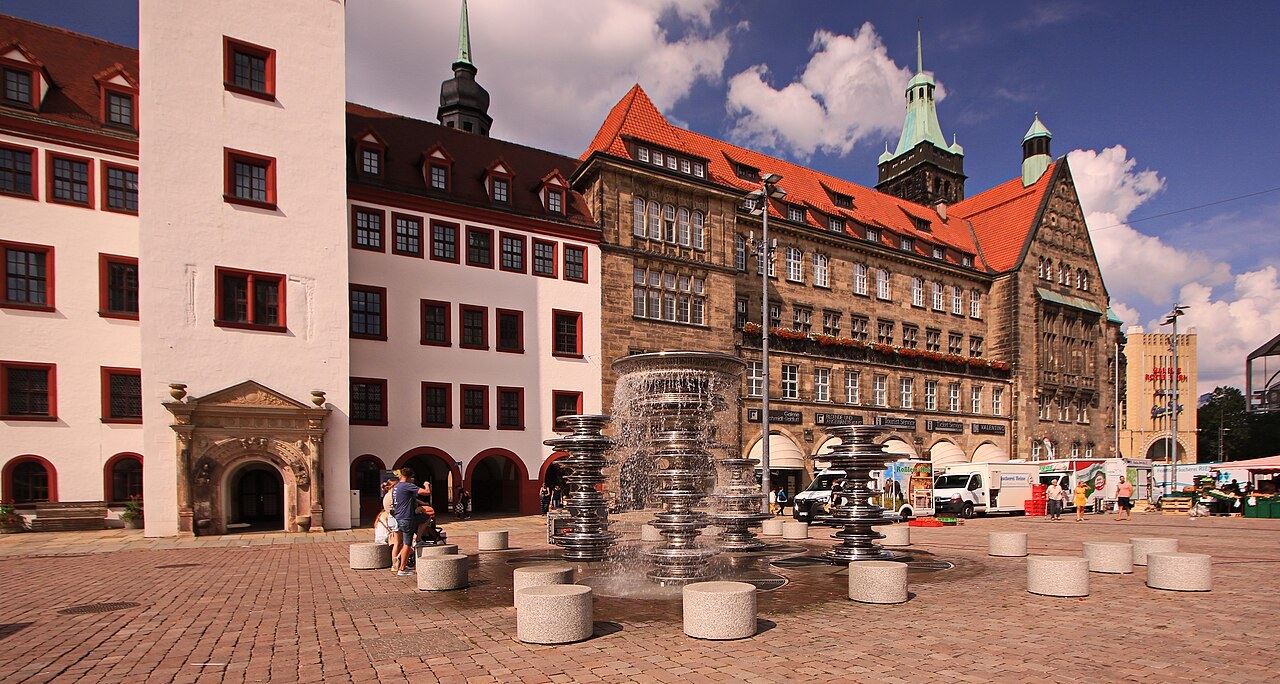 Chemnitz market square with historic building fronts