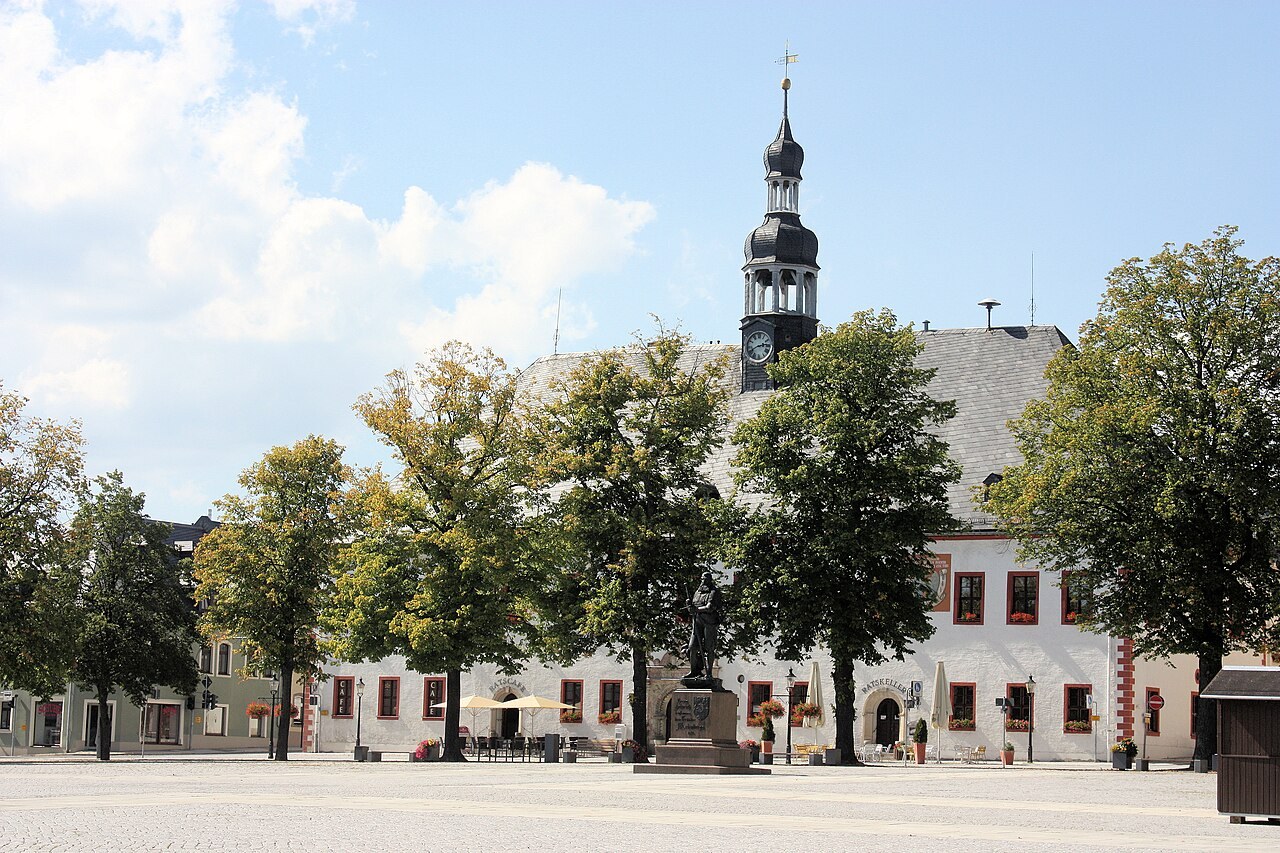 Market square and town hall in Marienberg