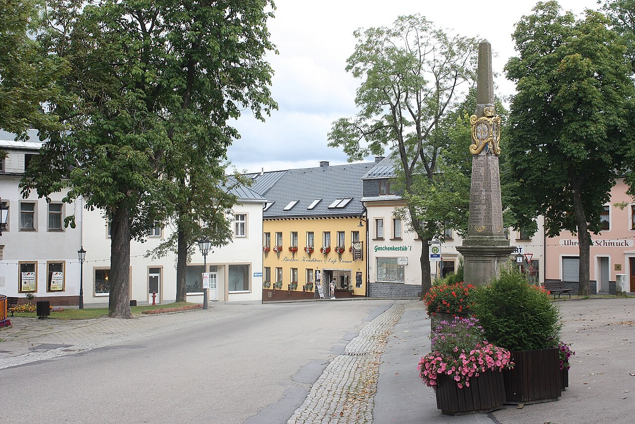 Market square with postal milestone in Oberwiesenthal